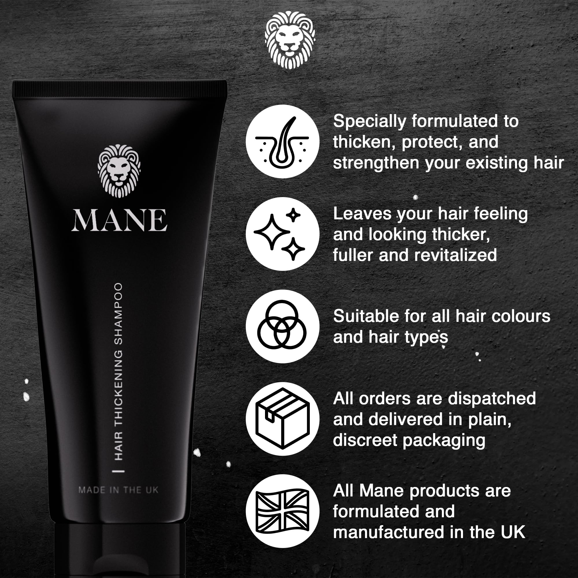 MANE Thickening Biotin Shampoo bottle with towel and shower setup.
