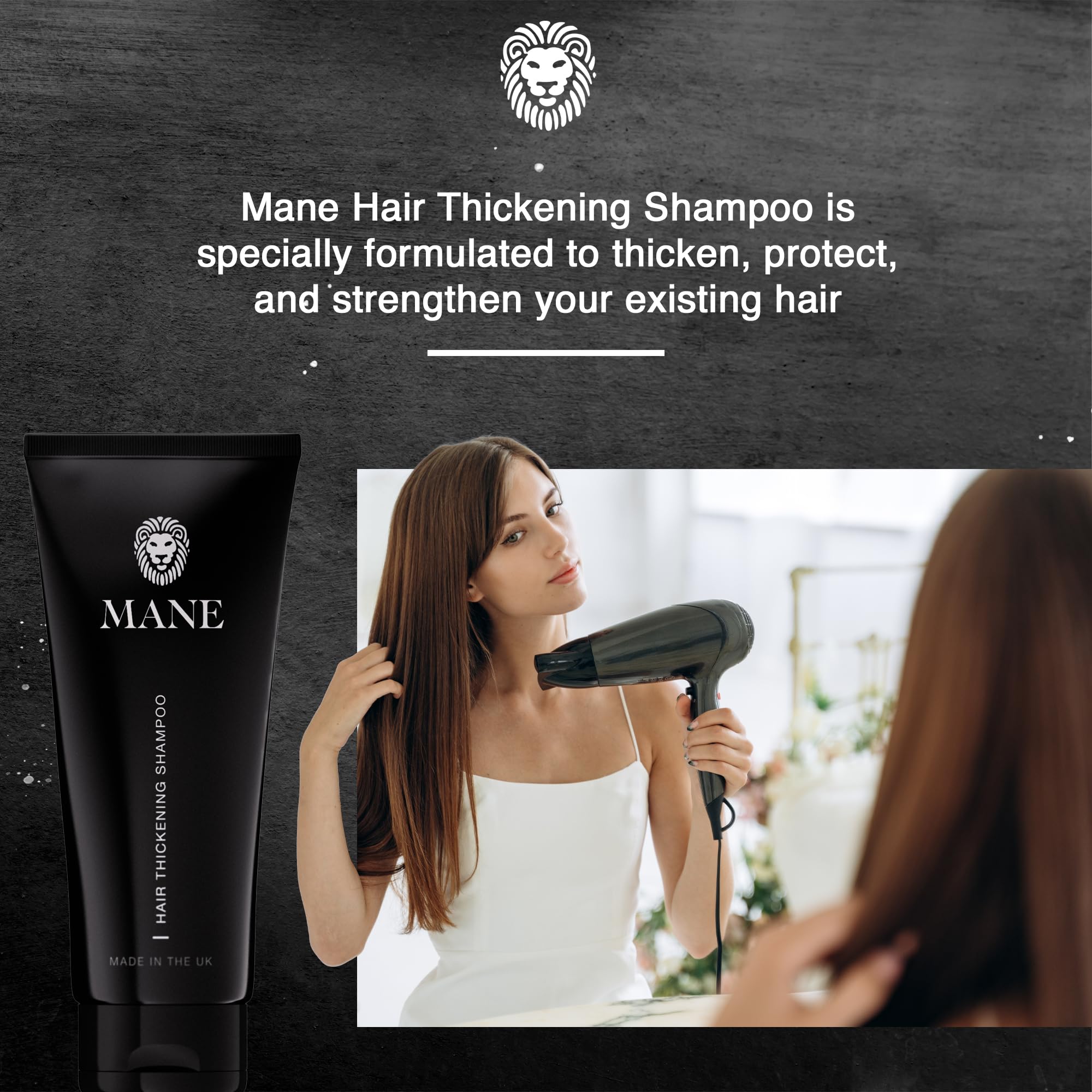 MANE Thickening Biotin Shampoo ingredients close-up featuring Biotinil, Apigenin, Procapil.