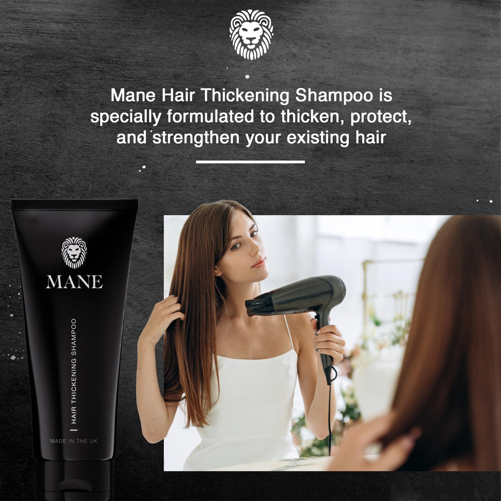 MANE Thickening Biotin Shampoo ingredients close-up featuring Biotinil, Apigenin, Procapil.