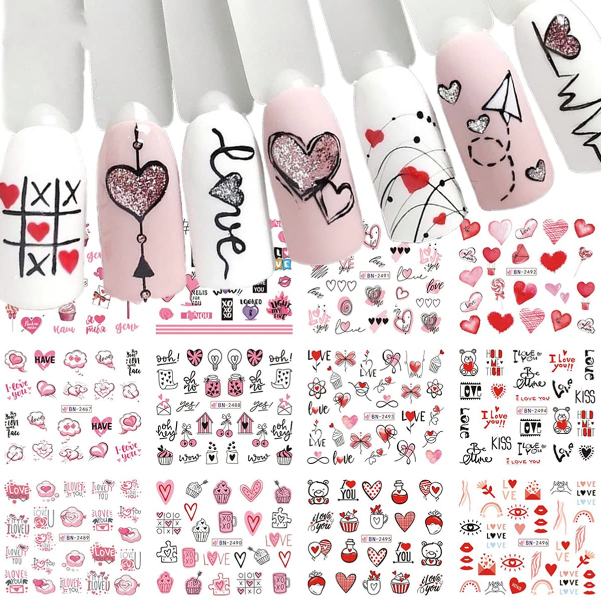 Mangoit Valentine's nail stickers with heart and flower designs for quick romantic manicures.