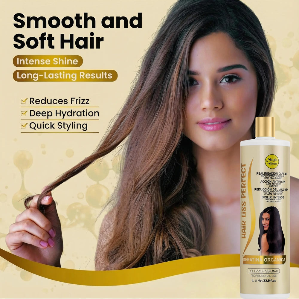 Mania de Alisar Hair Liss Perfect bottle close-up emphasizes organic hydration.