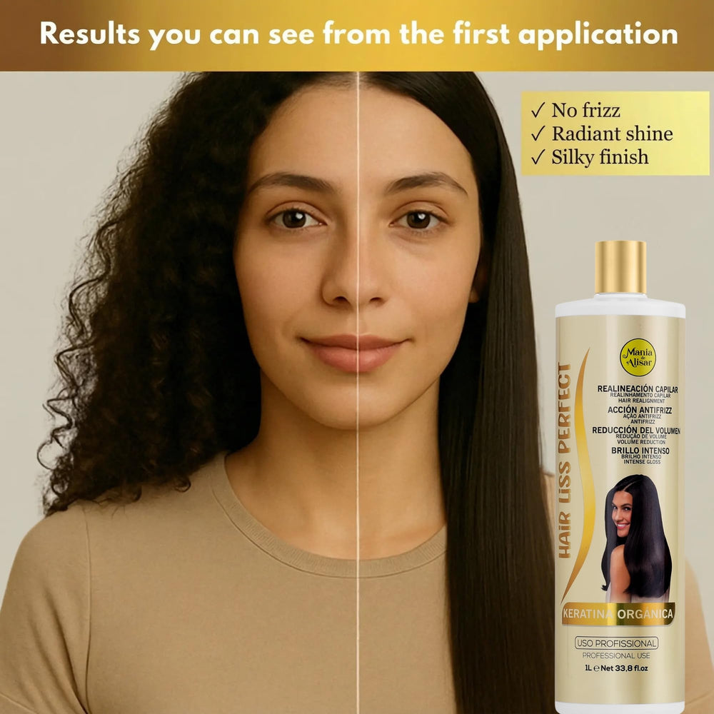 Mania de Alisar Hair Liss Perfect silicone blend illustration showing shine and protection.
