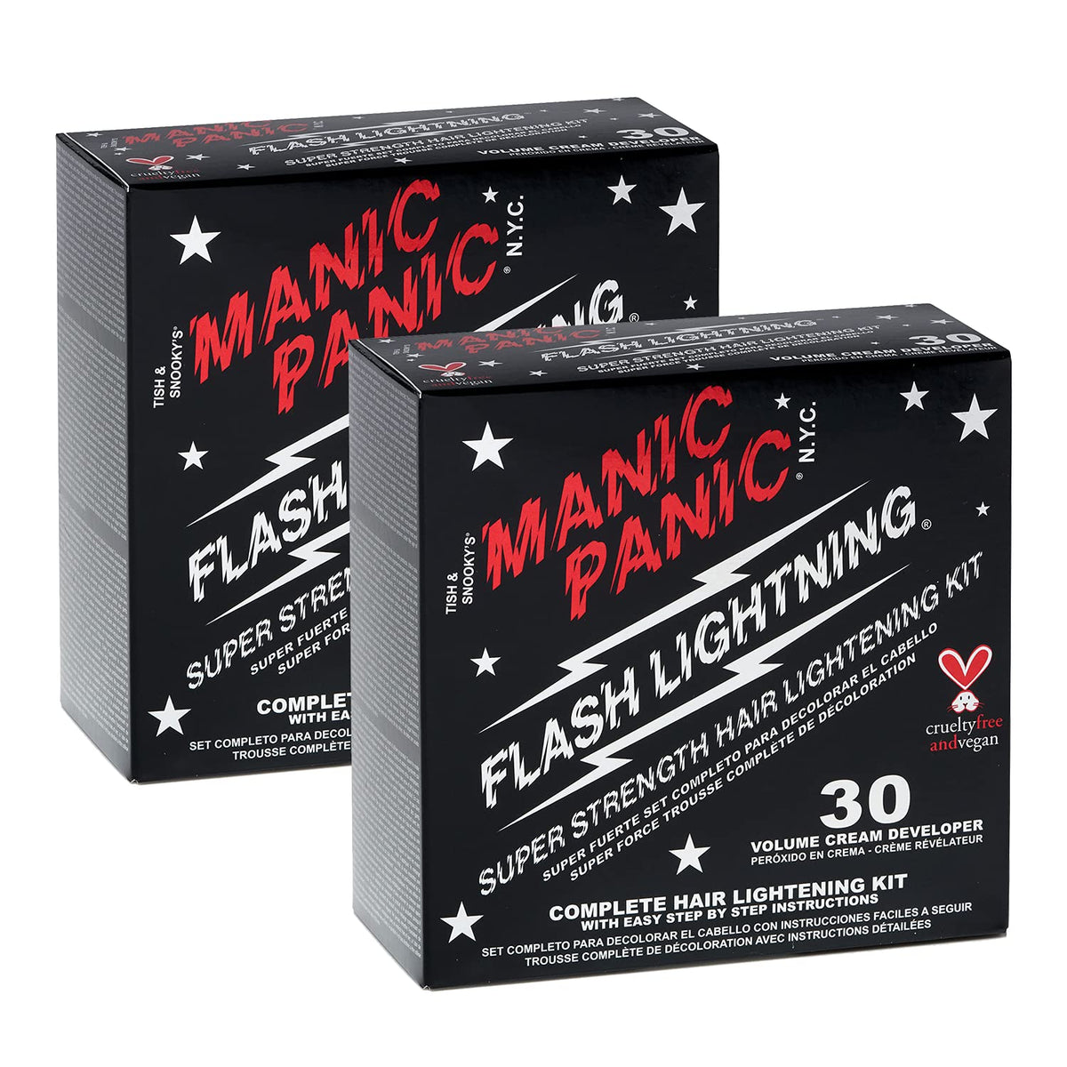 MANIC PANIC Flash Lightning bleach powder for up to five levels of lift, ideal for bold colors.