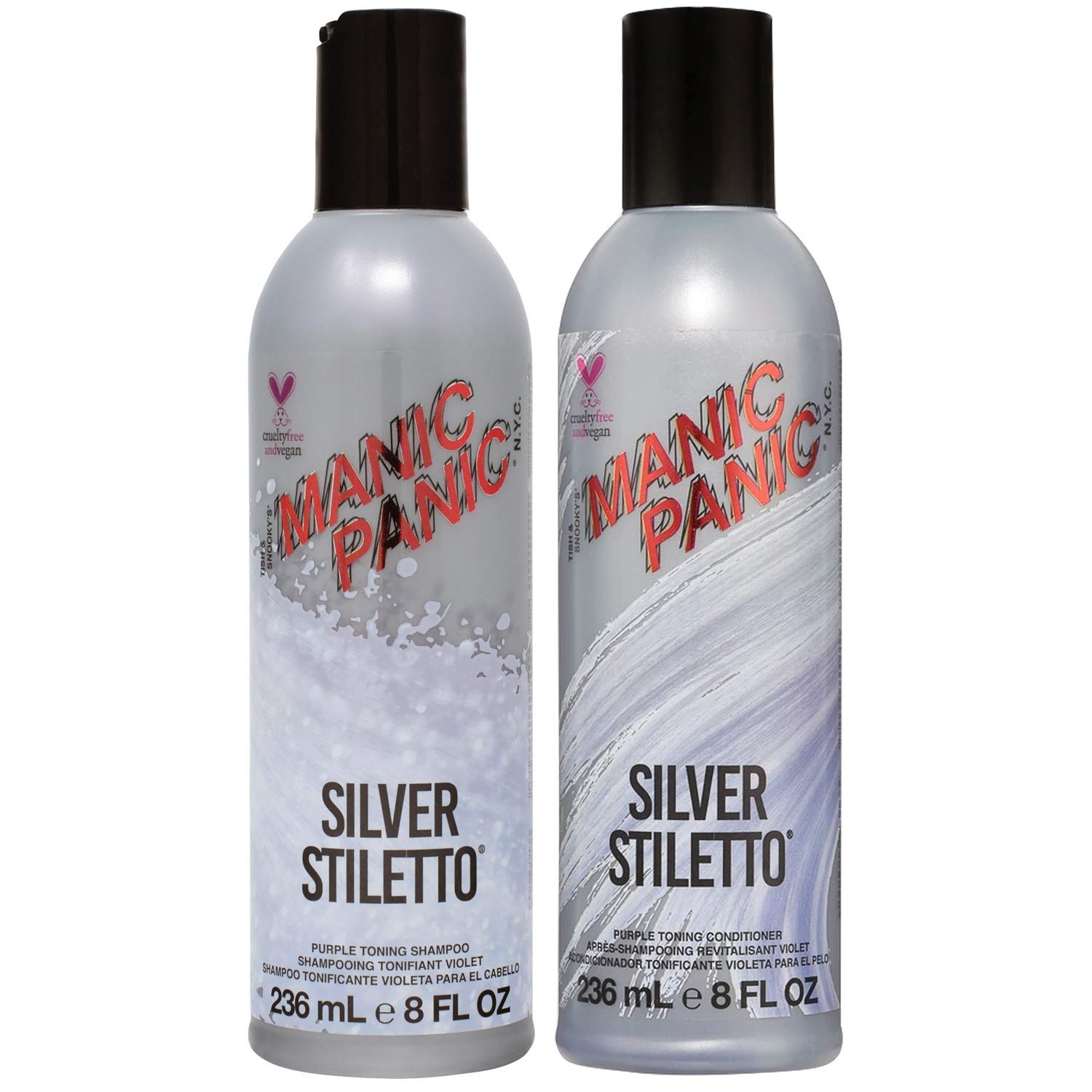 MANIC PANIC Silver Stiletto Shampoo bottle highlighting violet toning for cooler tones