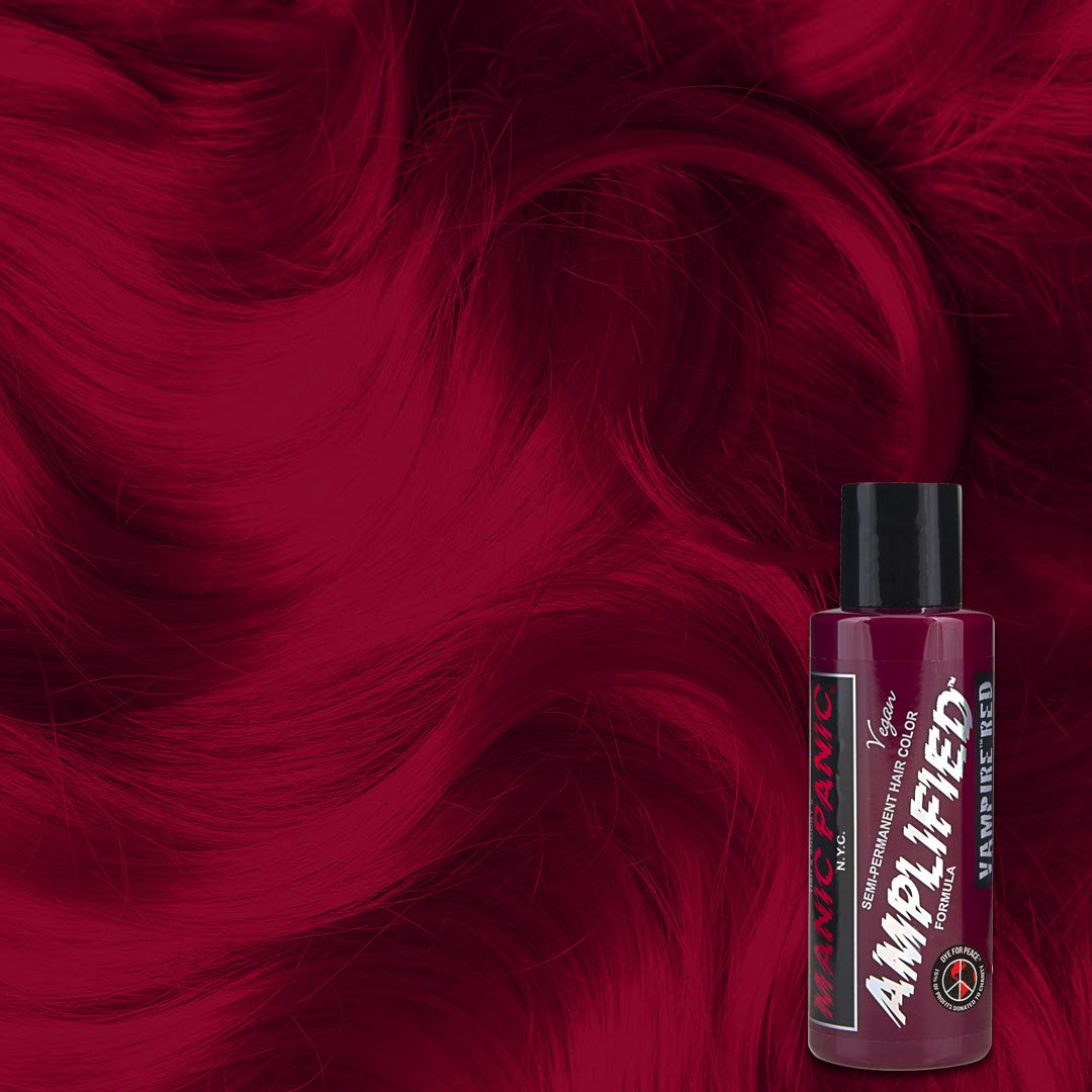 Vampire Red Amplified swatch on dark hair shows deep burgundy tones