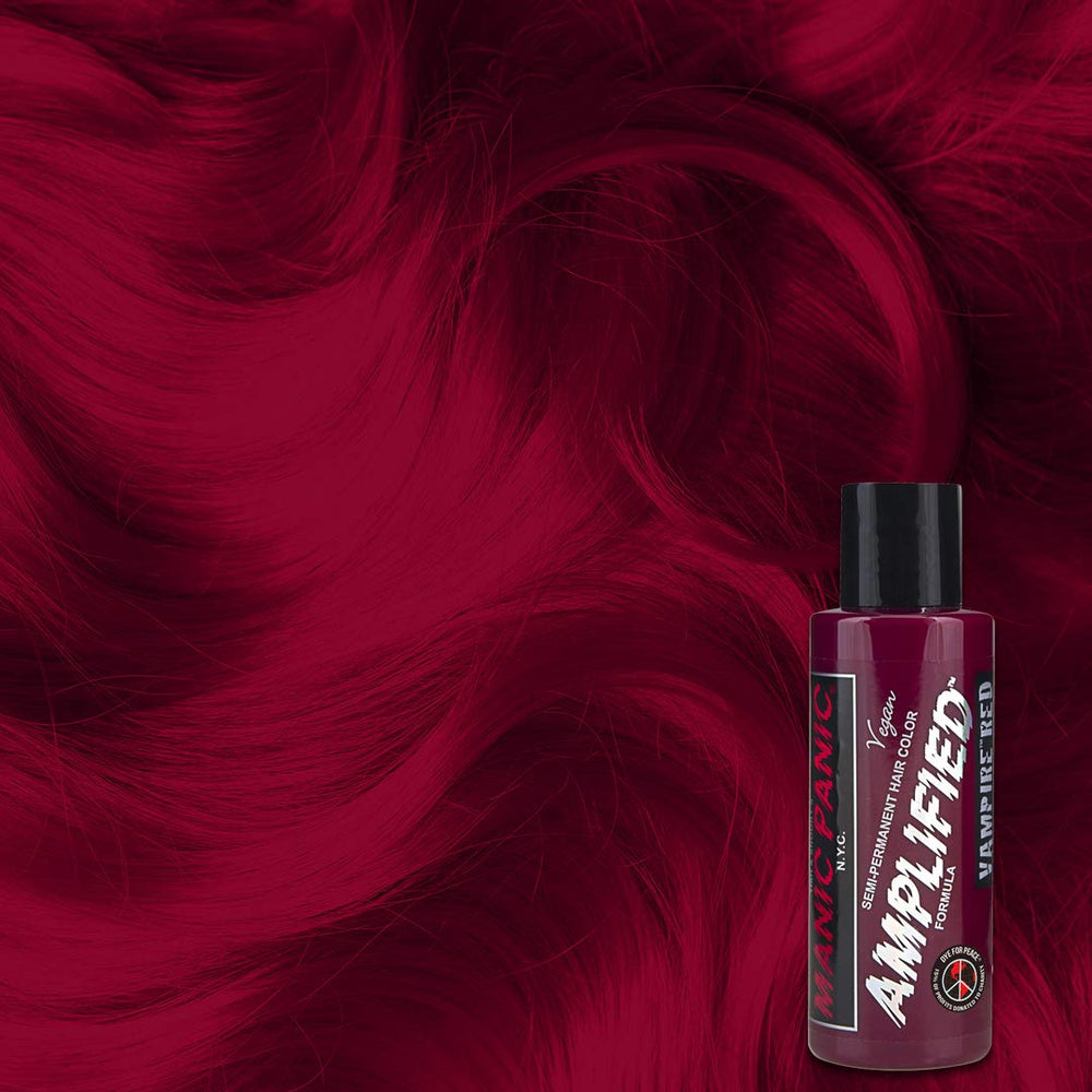 Vampire Red Amplified swatch on dark hair shows deep burgundy tones