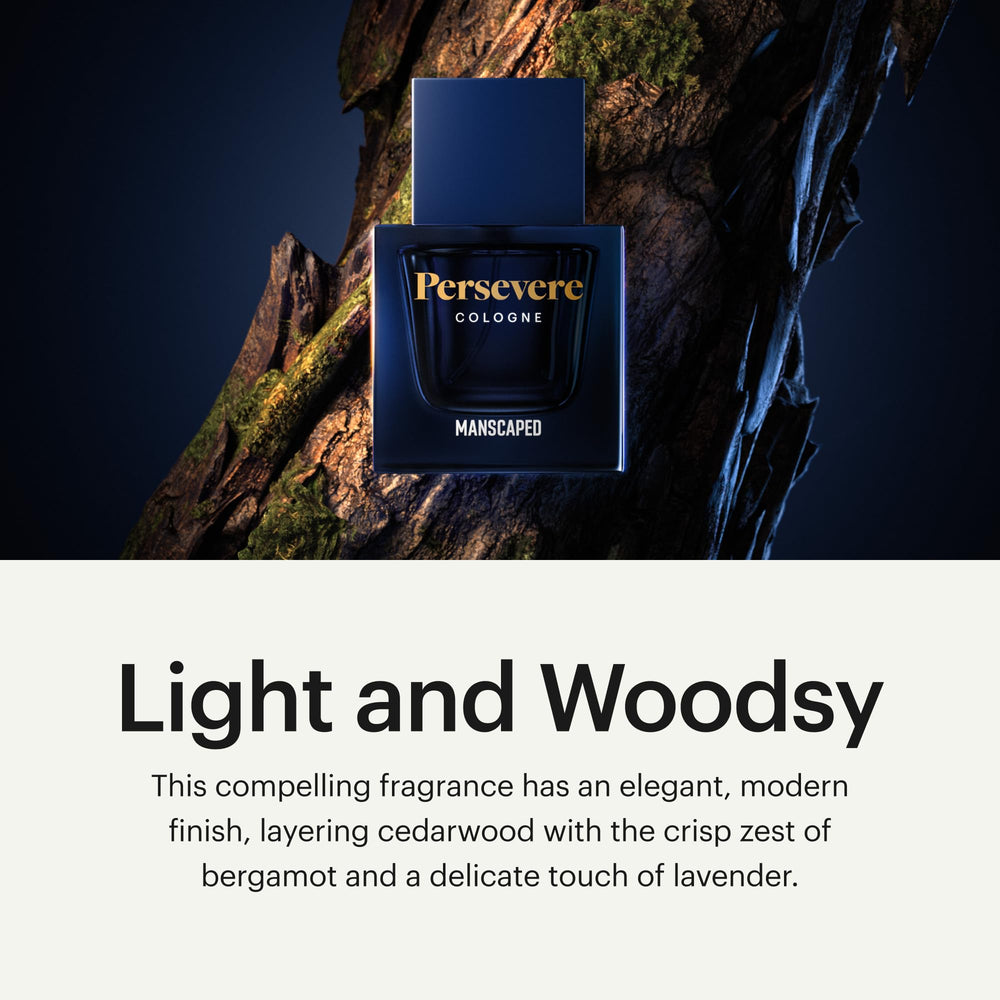MANSCAPED Persevere cedarwood note adds warm, masculine depth.