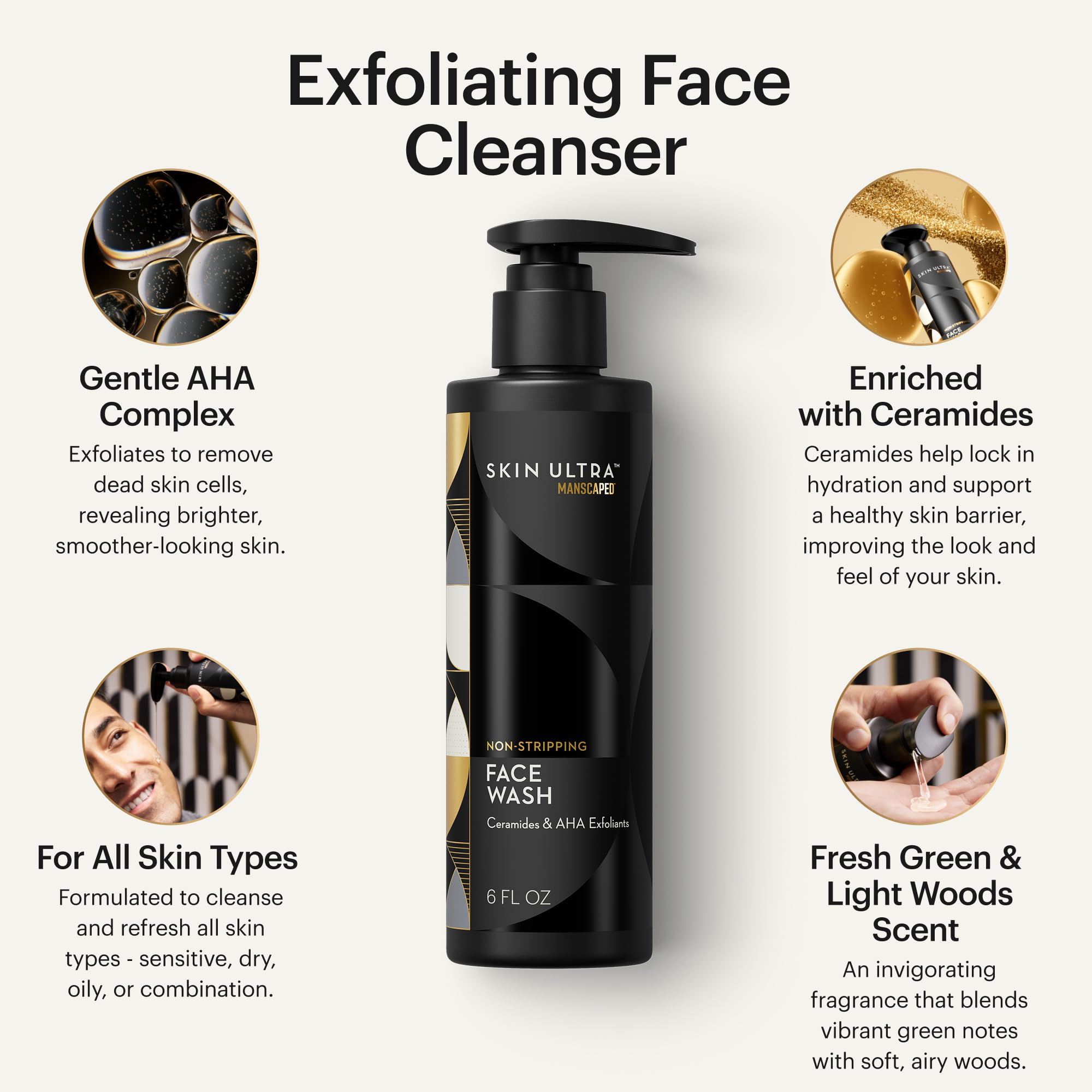 MANSCAPED Skin Ultra Face Wash exfoliating particles highlight gentler exfoliation.