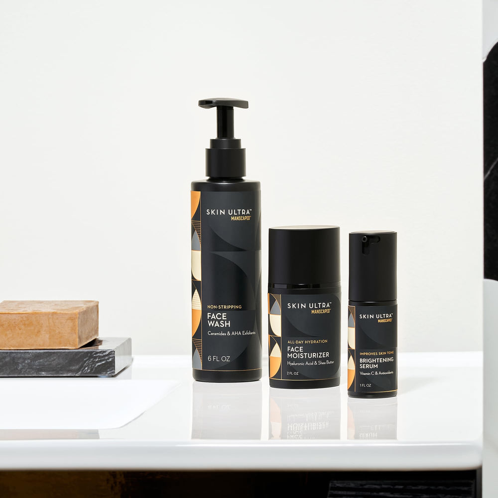MANSCAPED Skin Ultra Routine setup in a bathroom ambience