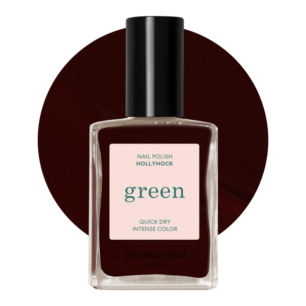 Manucurist Green Hollyhock bottle shows a deep blackish red shade for lasting color.