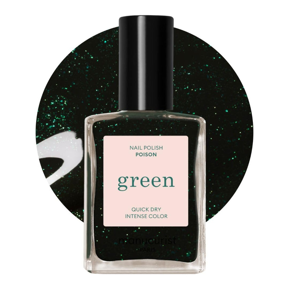 Manucurist Green Poison bottle with glitter delivers vibrant forest-green color.