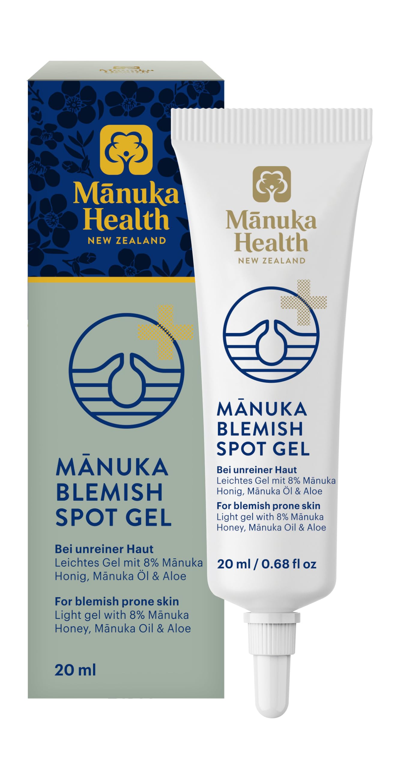 Manuka Health blemish spot gel bottle showing oil-free targeted care