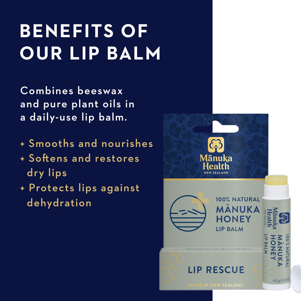 Manuka Health Lip Rescue ingredients: honey and beeswax for hydration.
