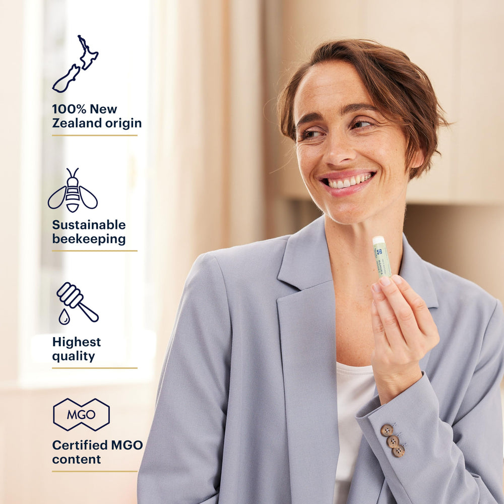 Manuka Health Lip Rescue with beeswax forming protective barrier.