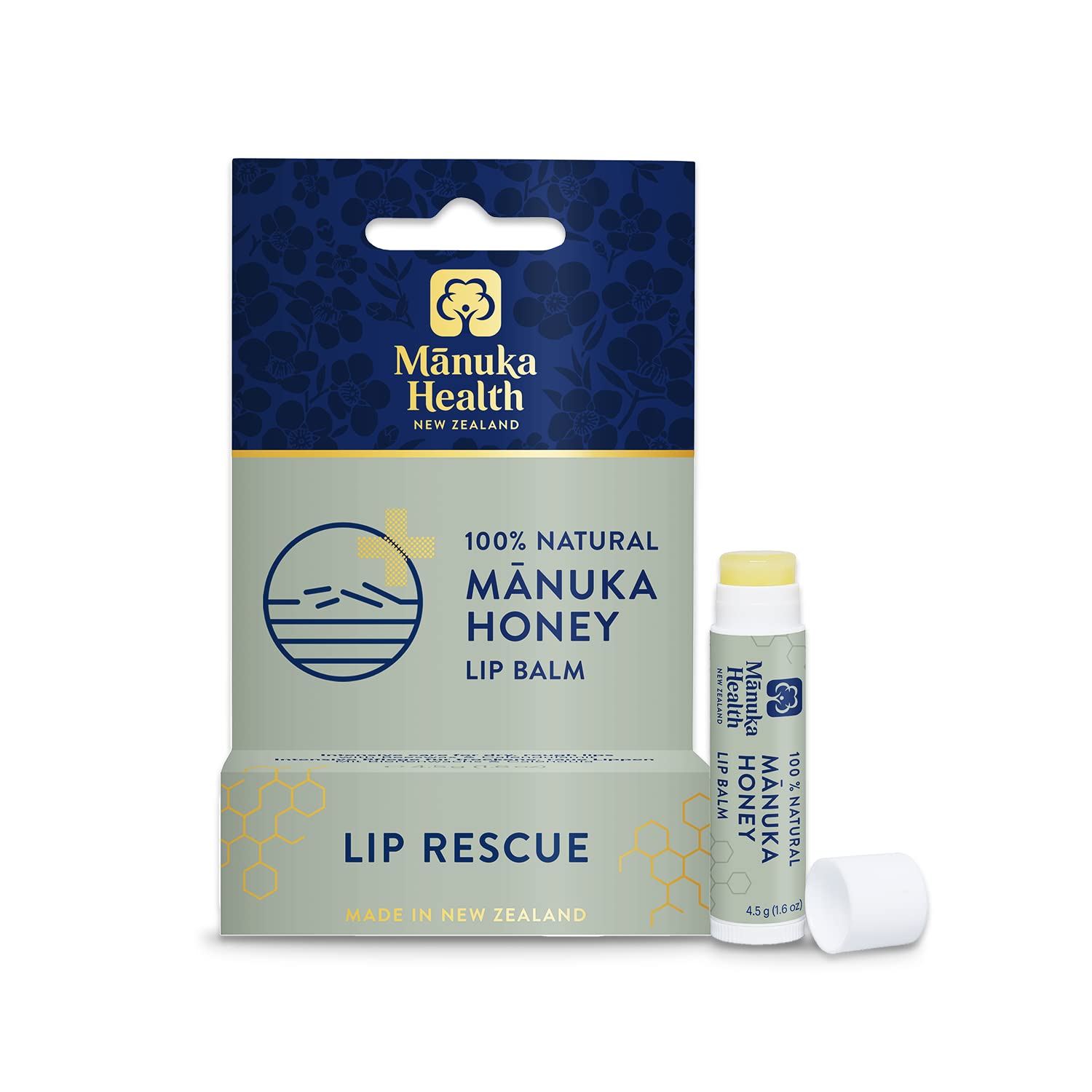 Manuka Health Lip Rescue balm tube soothing dry lips with natural honey.
