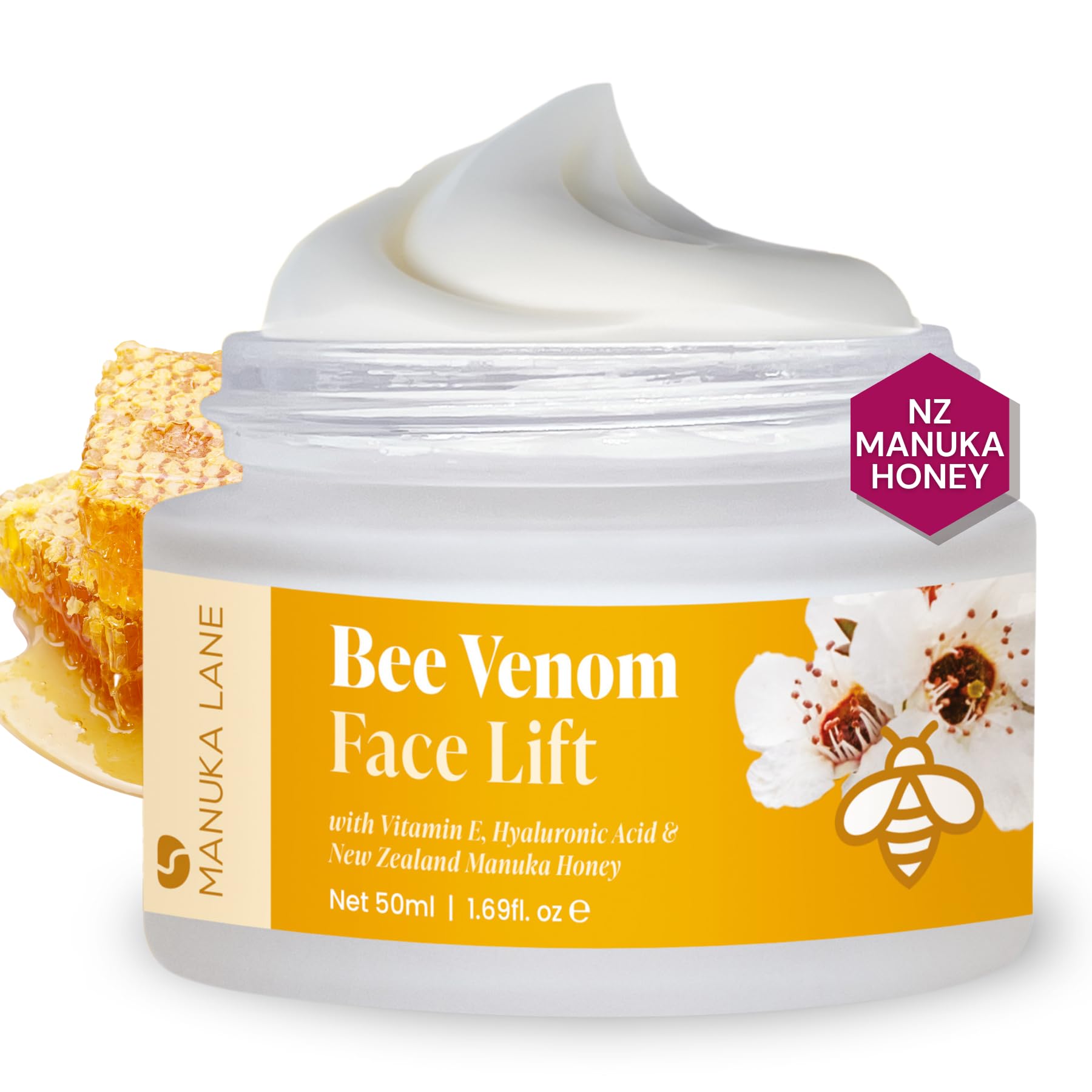 Manuka Lane Bee Venom Face Cream jar demonstrates luxurious packaging and potential firming benefit.