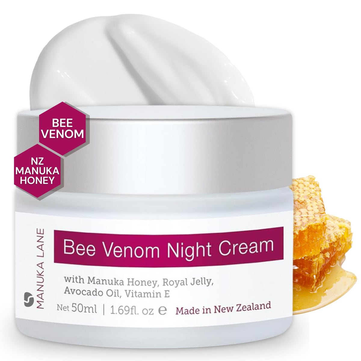 Manuka Lane Bee Venom Night Cream for Face with hydrating overnight care.