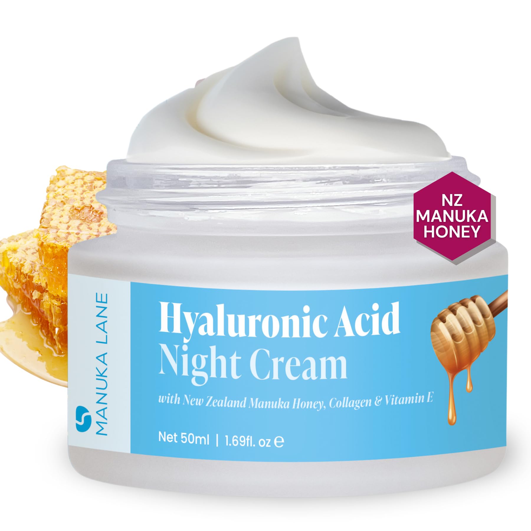 Manuka Lane Hyaluronic Night Cream bottle for deep nighttime hydration and soft skin.