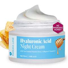 Manuka Lane Hyaluronic Night Cream bottle for deep nighttime hydration and soft skin.