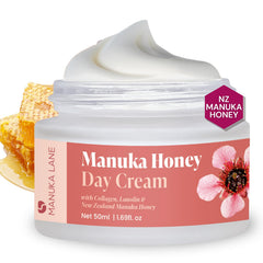 Manuka Lane Manuka Honey Day Cream bottle close-up for daily hydration.