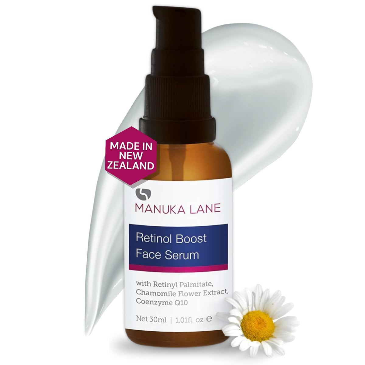 Manuka Lane Retinol Boost Serum bottle shows lightweight daily-use texture