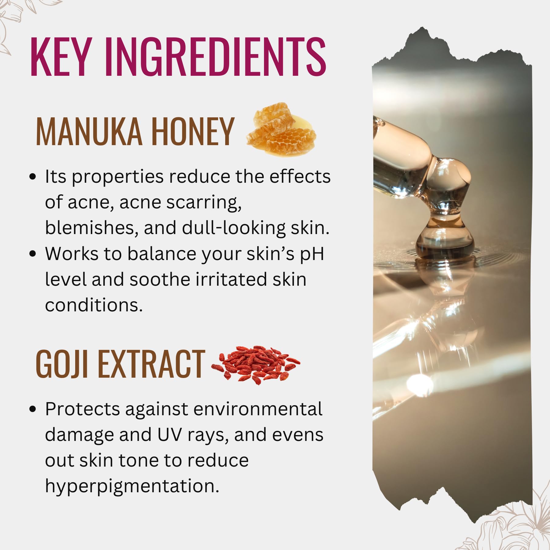 Close-up of silky texture of Manuka Lane serum for quick absorption.
