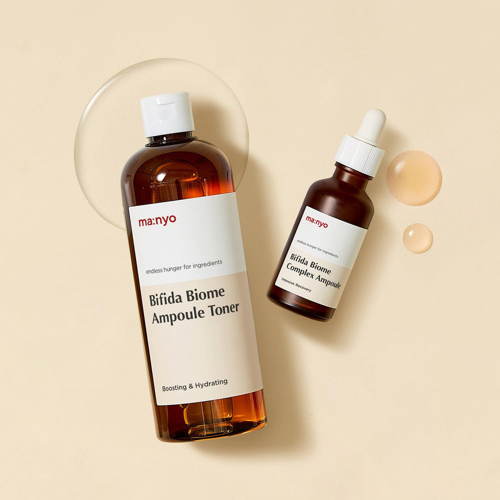 Morning routine shot featuring MANYO ampoule for glow and balance.