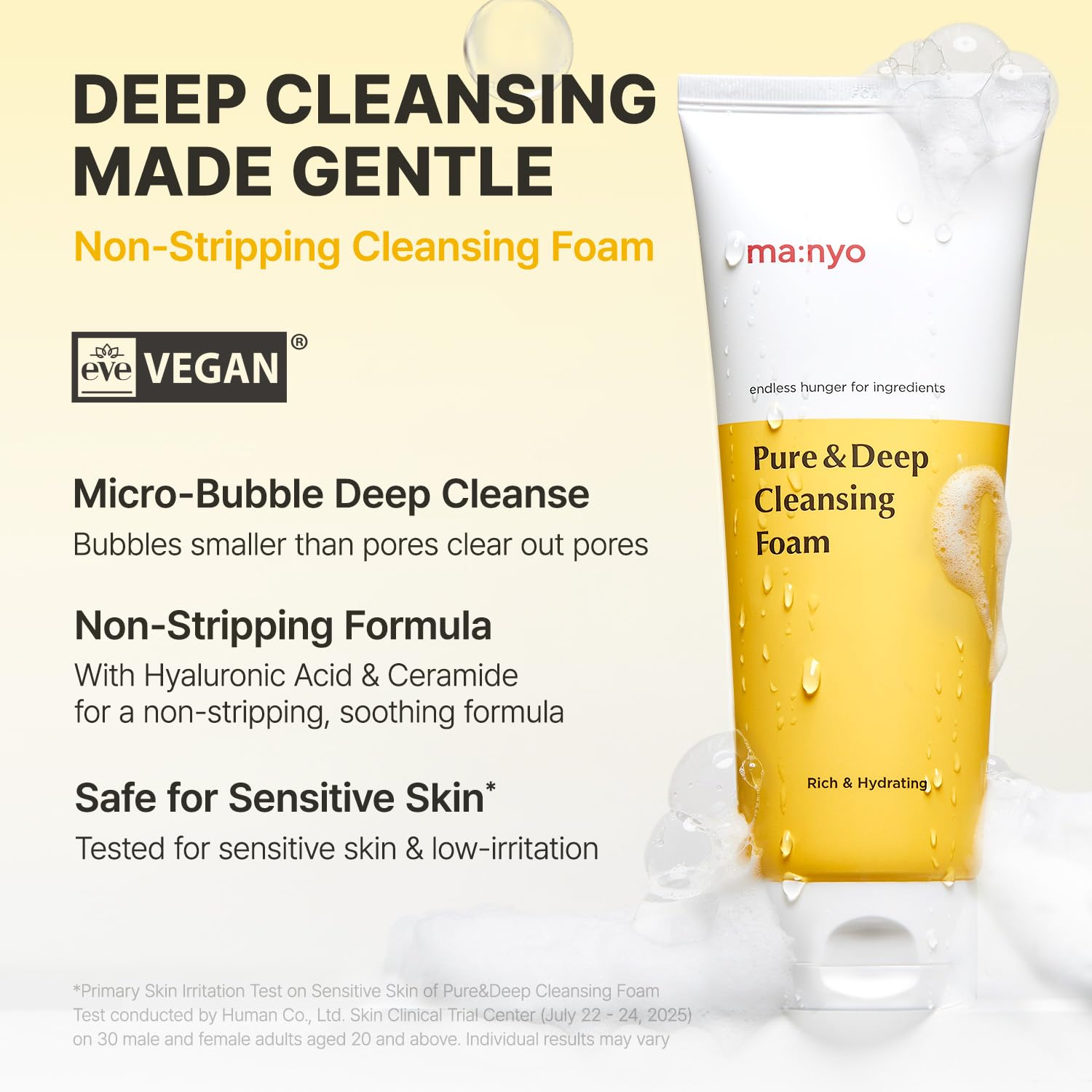 MANYO Pure & Deep Cleansing Foam close-up shows foamy microbubble texture for gentle impurity removal.
