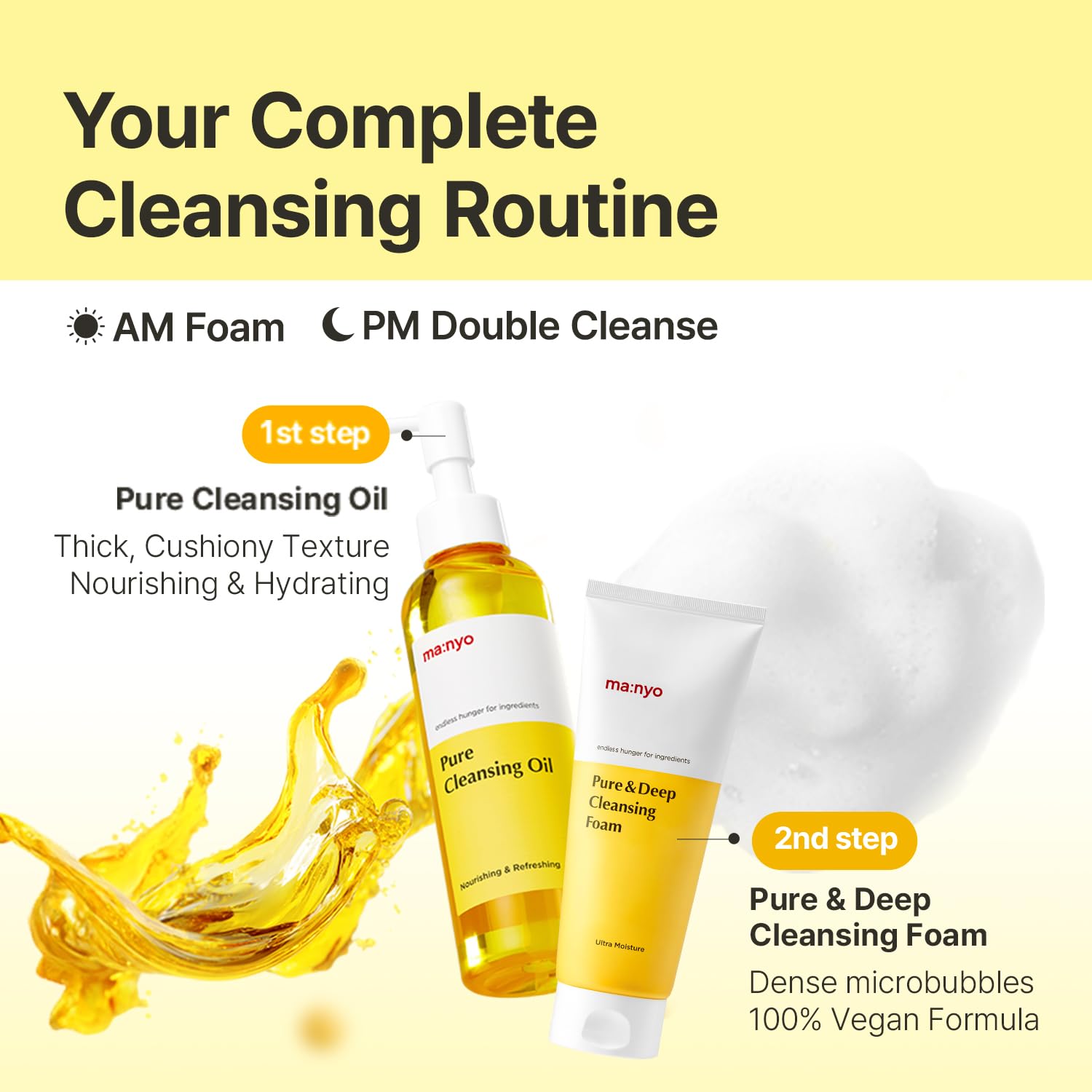 MANYO Pure & Deep Cleansing Foam vegan formula icon beside bottle.