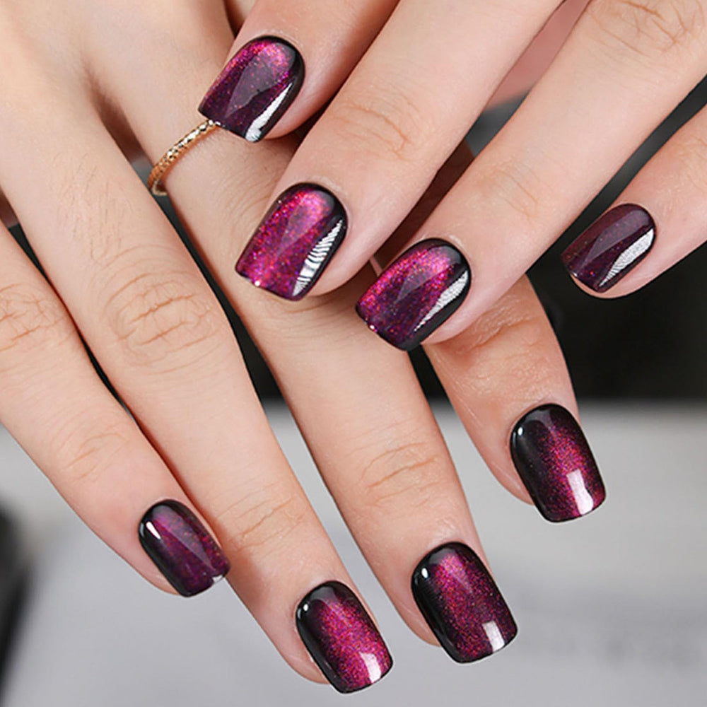 MAOTTIE purple cat-eye short square nails with UV finish for durable style
