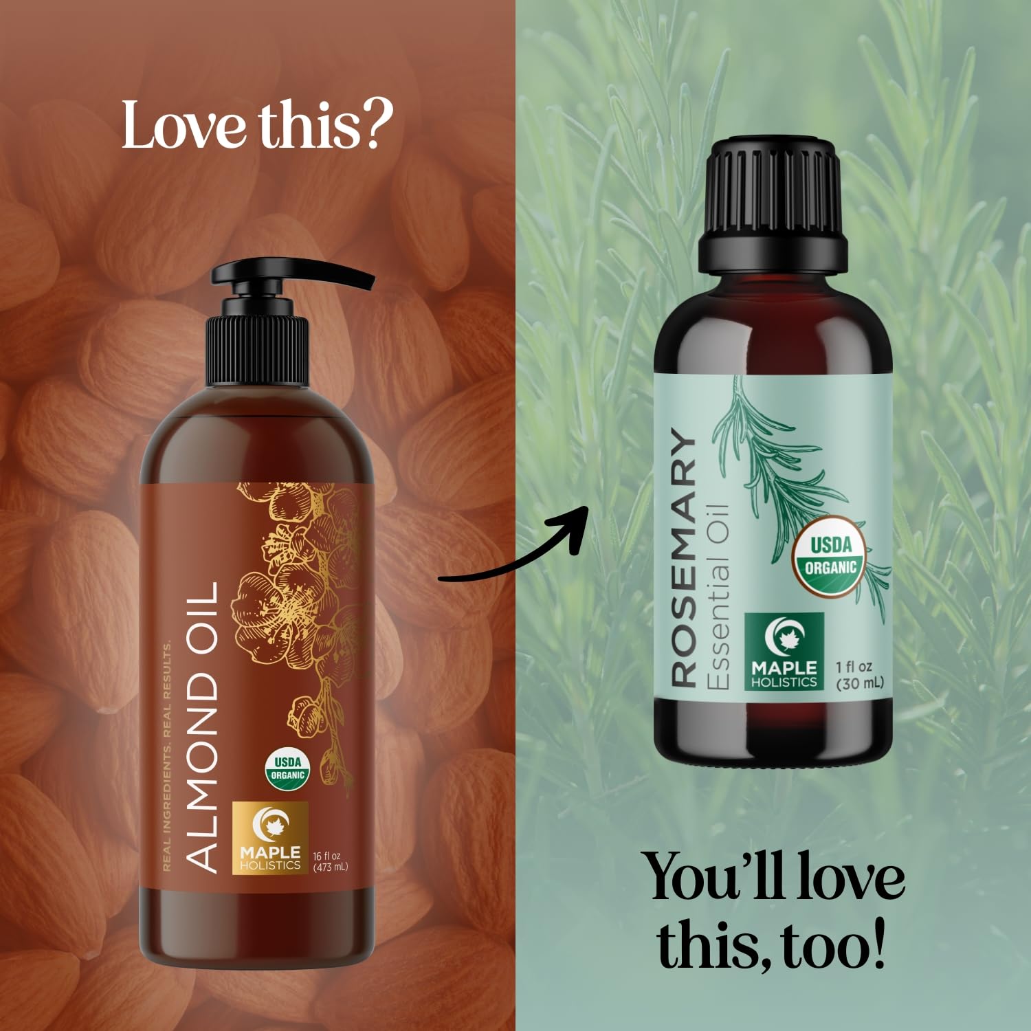 Maple Holistics almond oil hair care application promotes shine and moisture
