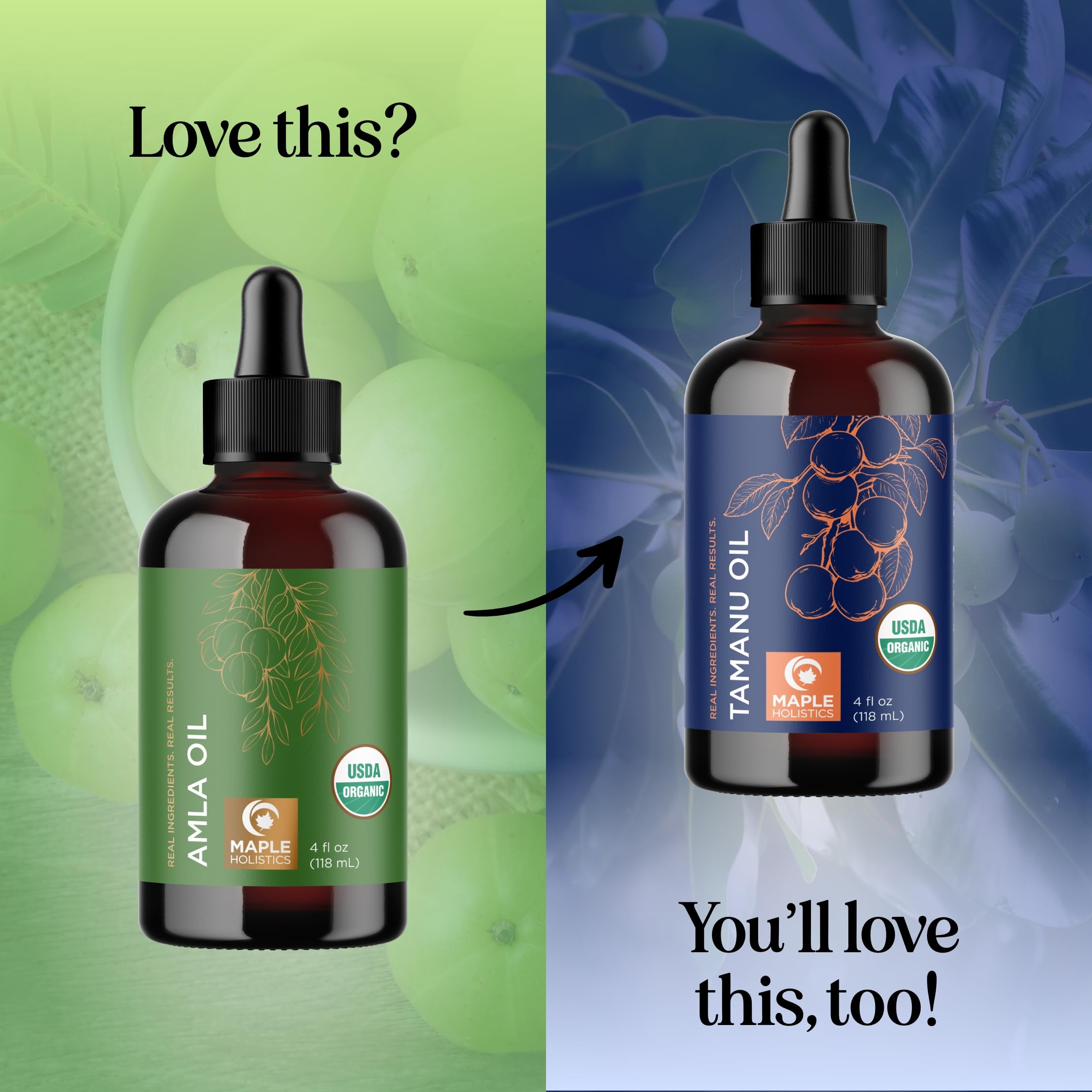 Maple Holistics Amla Oil organic amber bottle signals premium organic oil.