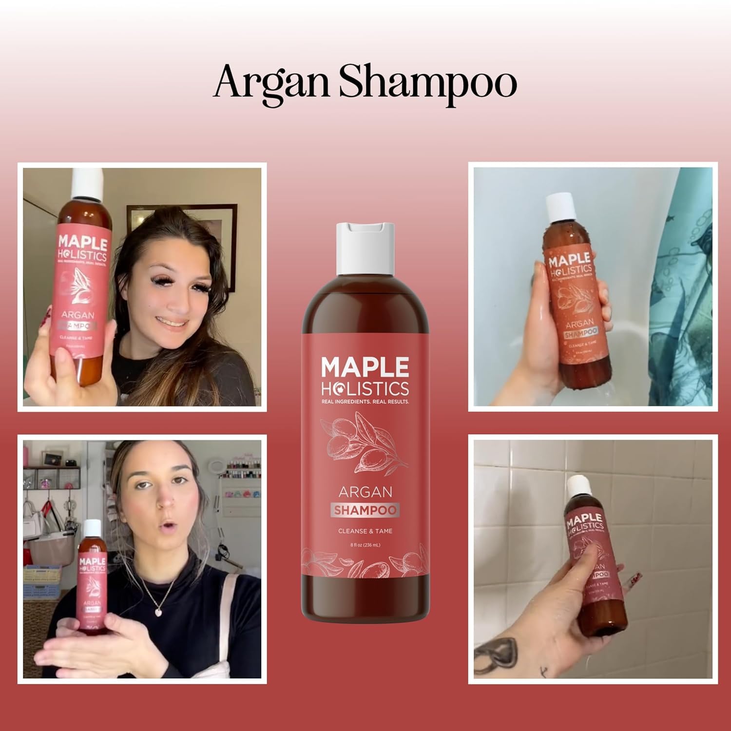 Maple Holistics bottle shows argan oil and moisturizing ingredients