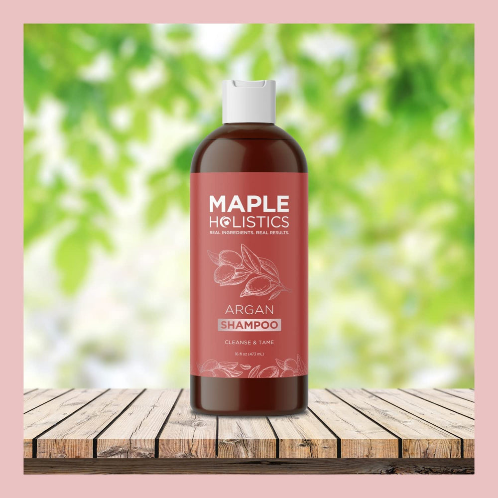 Maple Holistics Argan Oil Shampoo application guidance for gentle massaging.