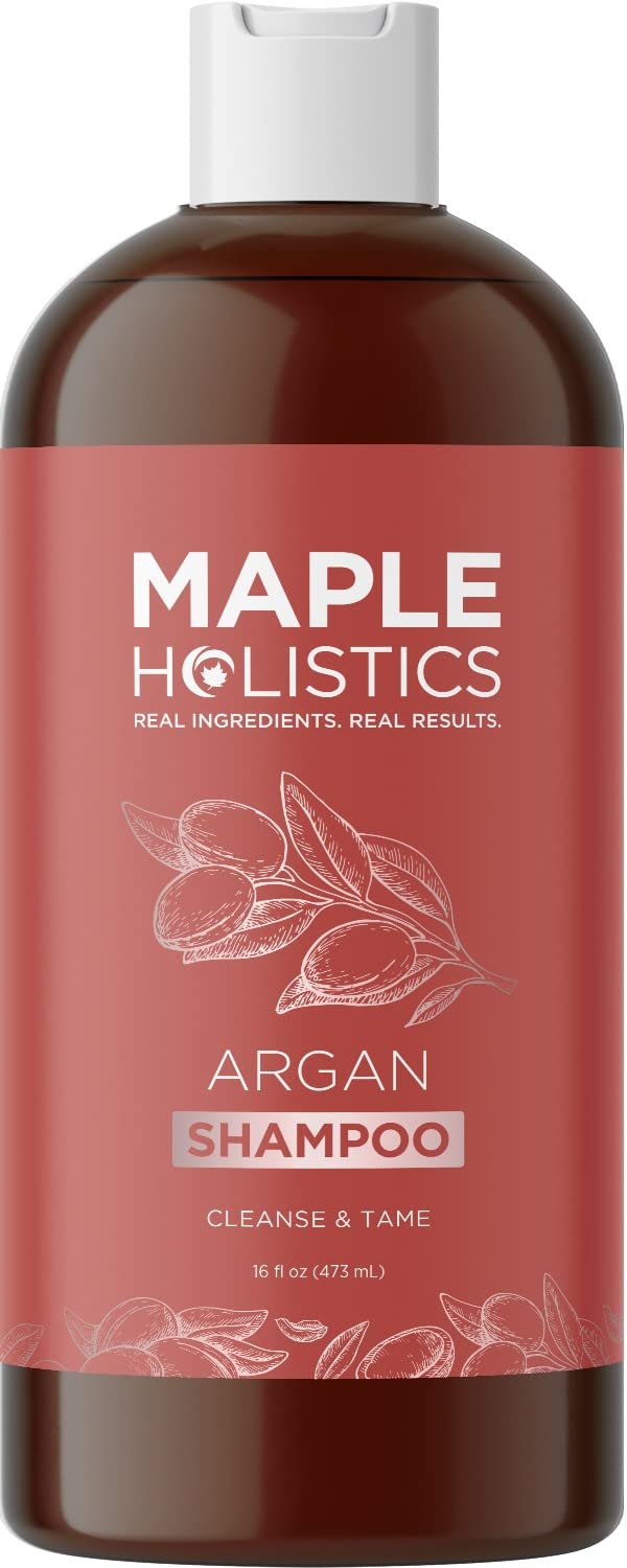 Maple Holistics Argan Oil Shampoo bottle with nourishing formula for dry hair.