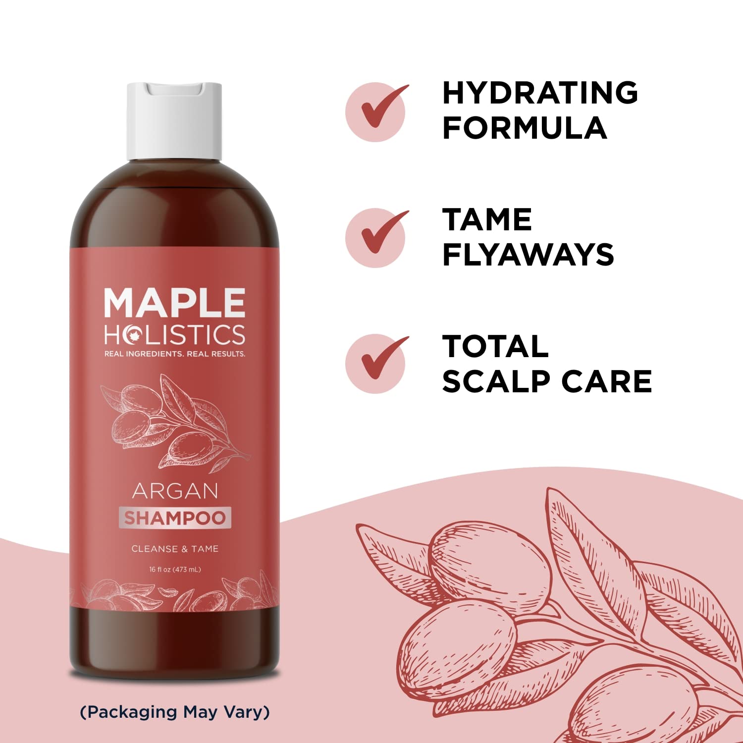 Maple Holistics Argan Oil Shampoo label close-up showing vitamin E and panthenol.