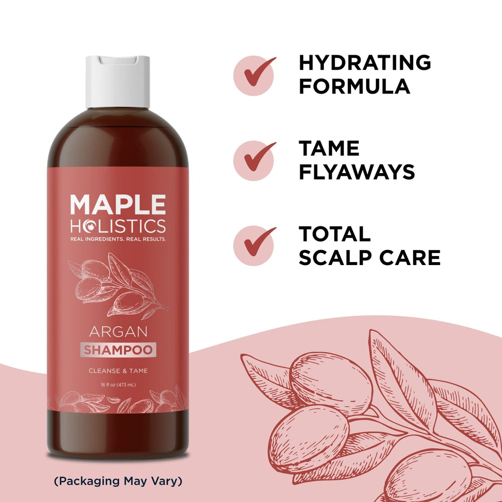 Maple Holistics Argan Oil Shampoo label close-up showing vitamin E and panthenol.