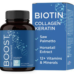 Maple Holistics biotin and collagen bottle closeup for hair growth support.