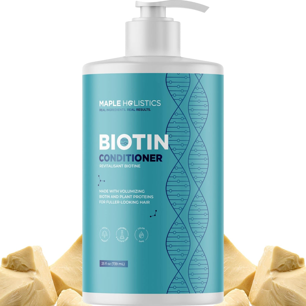 Maple Holistics Biotin Conditioner bottle for thinning hair adds volume and moisture.