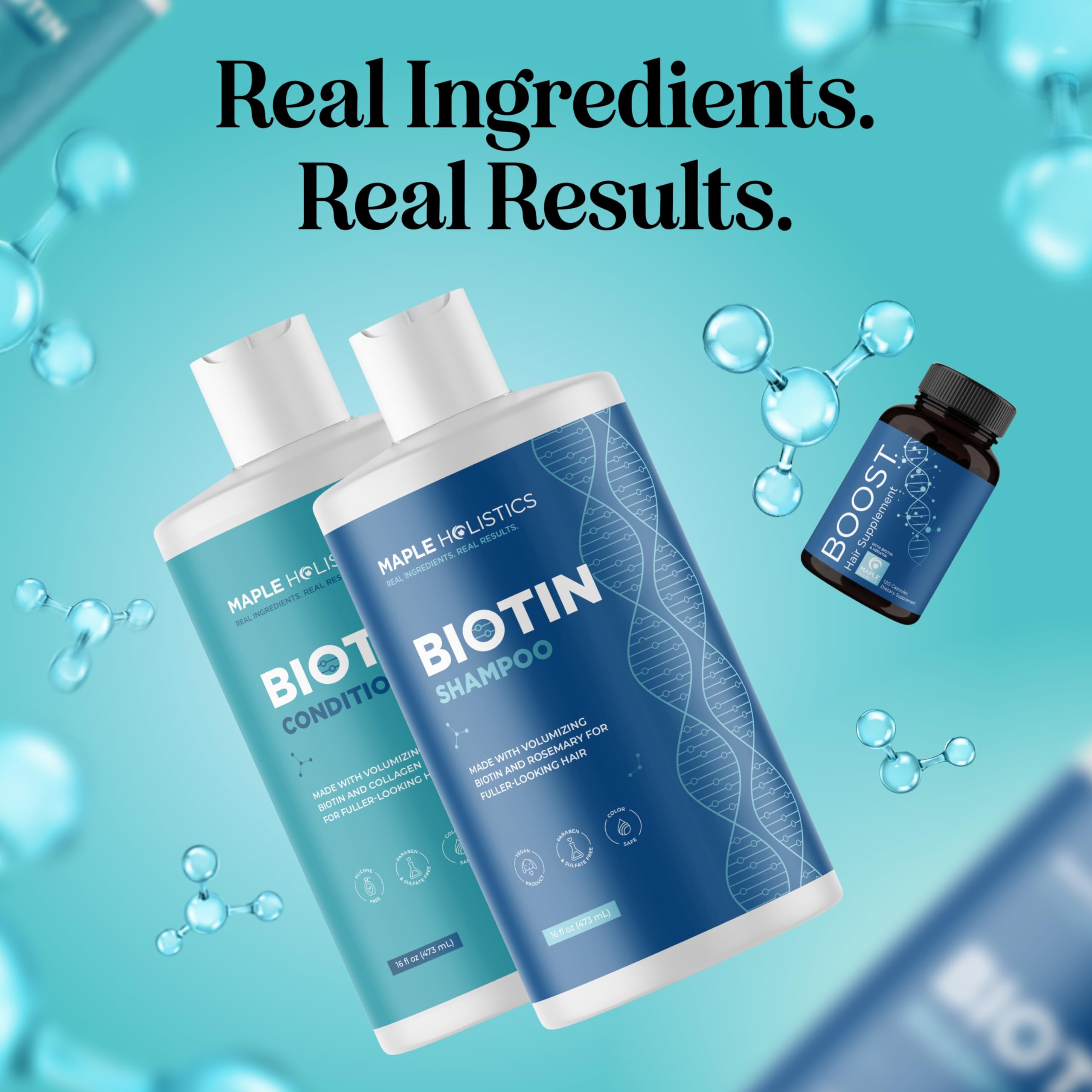 Maple Holistics Biotin hair care routine in a tidy collection