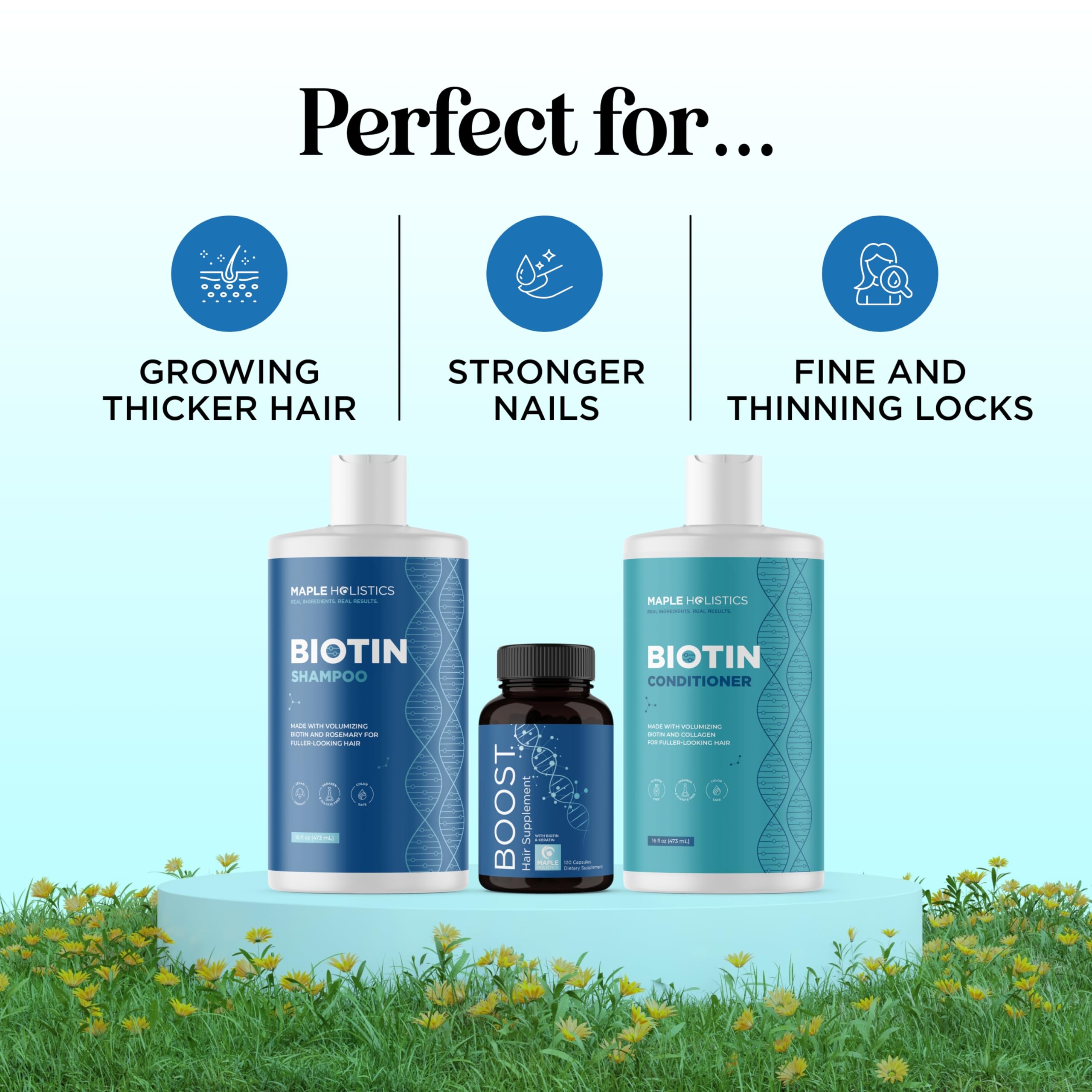 Maple Holistics Biotin ingredients display with horsetail and saw palmetto
