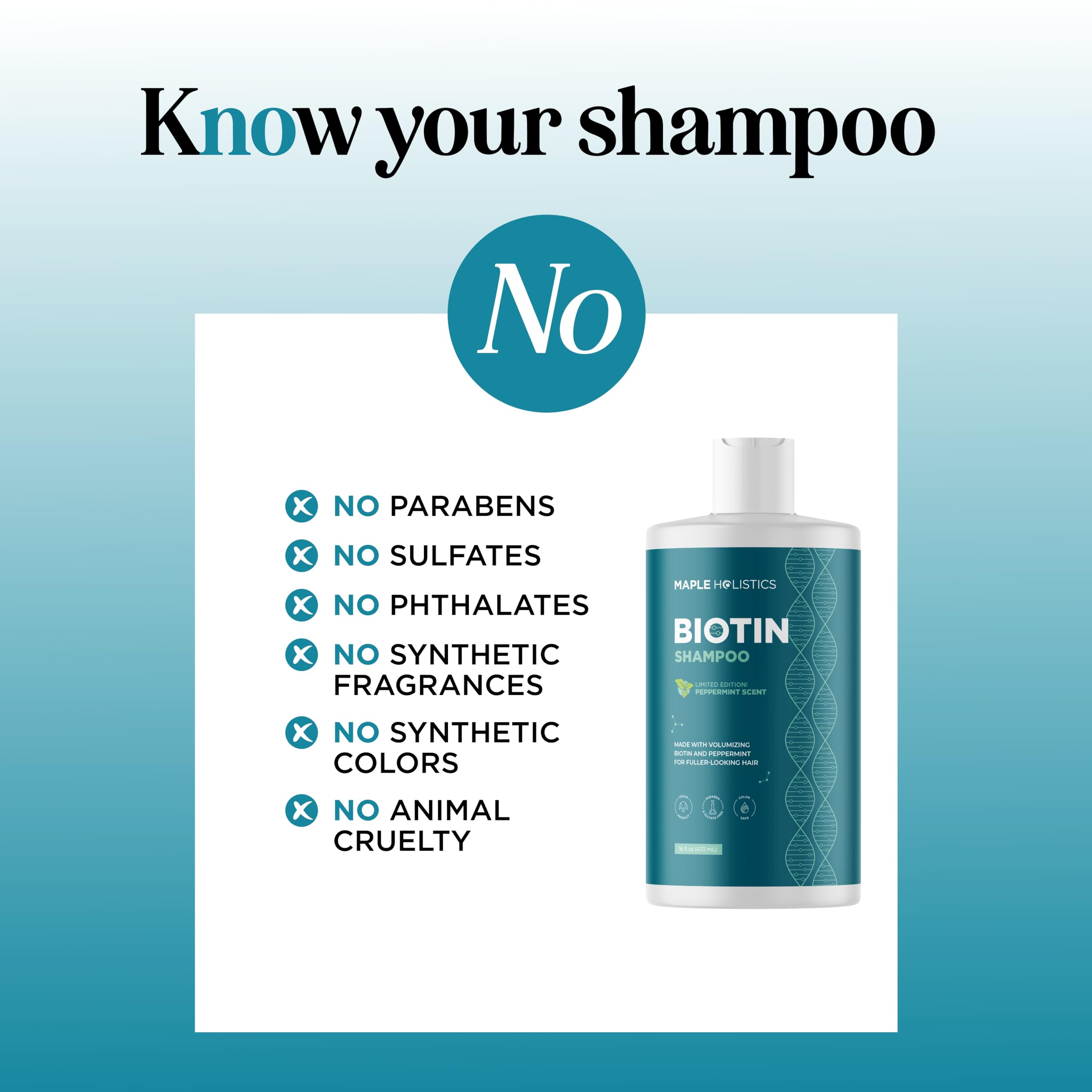 Maple Holistics biotin shampoo ingredients with coconut oil supporting nourished hair.