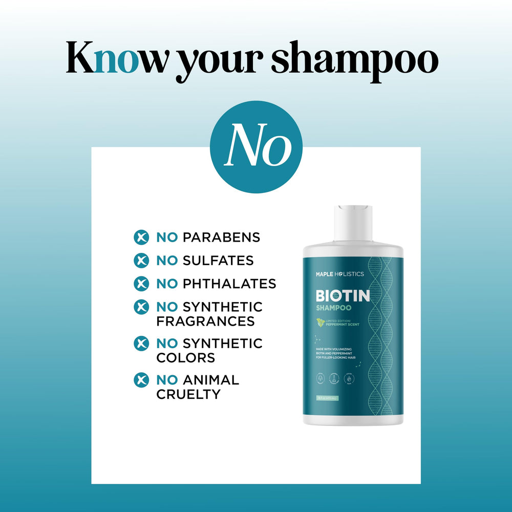 Maple Holistics biotin shampoo ingredients with coconut oil supporting nourished hair.