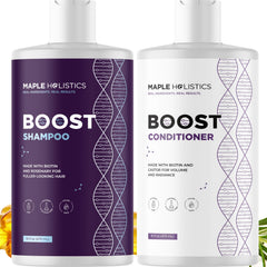 Maple Holistics biotin shampoo label highlighting gentle cleansing for thinning hair