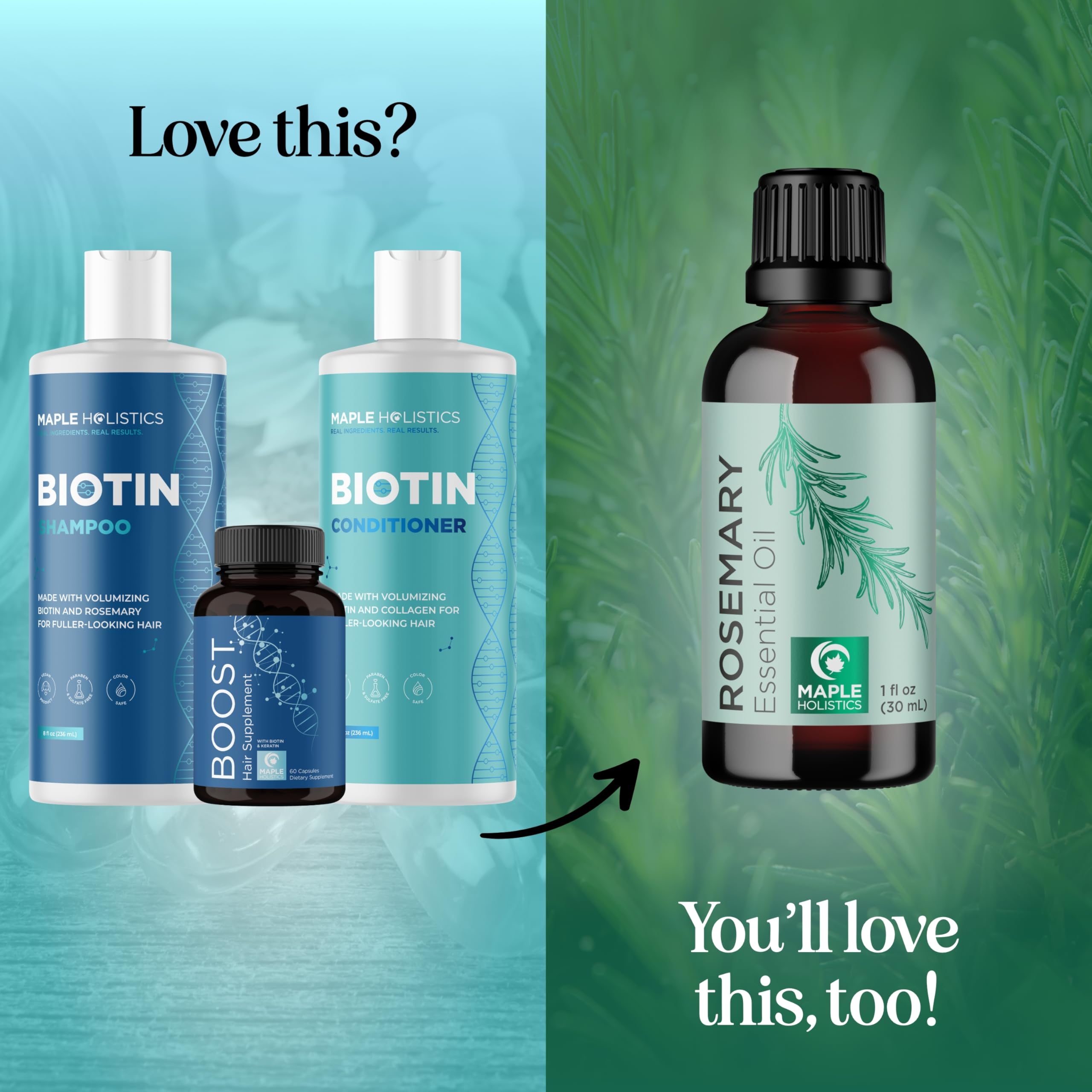 Maple Holistics Biotin supplement bottle with saw palmetto and keratin