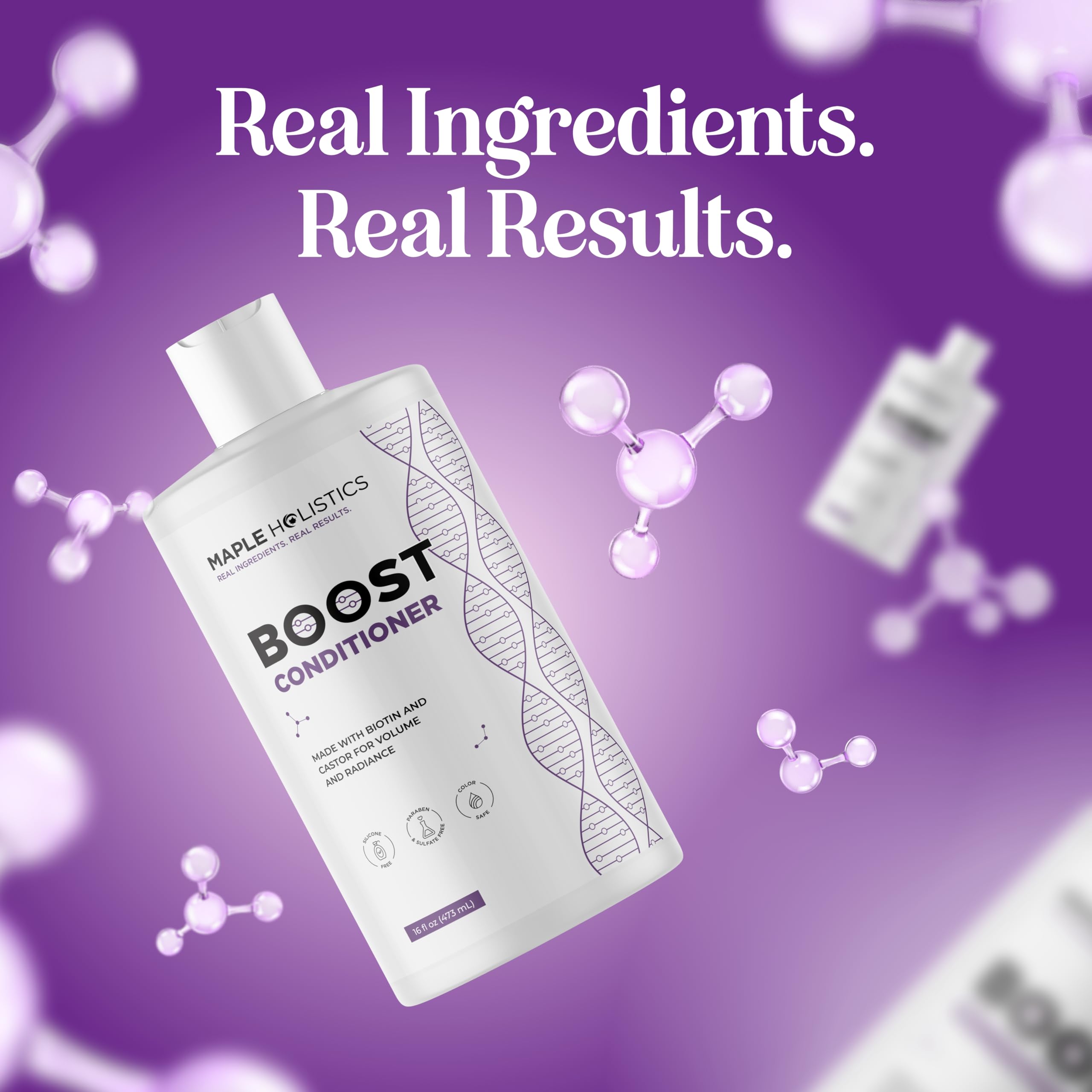 Maple Holistics Boost Biotin Conditioner bottle and rosemary sprigs signaling botanical formula