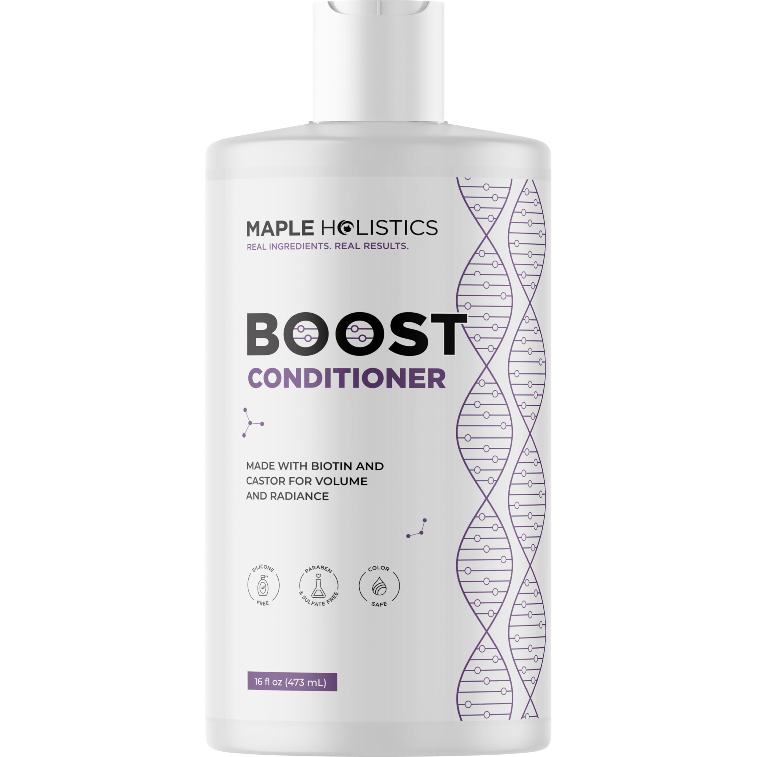 Maple Holistics Boost Biotin Conditioner bottle on bathroom shelf showing plant-based formula