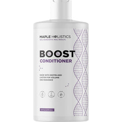 Maple Holistics Boost Biotin Conditioner bottle on bathroom shelf showing plant-based formula