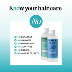 Maple Holistics chlorine-removal shampoo bottle cap cleanses mineral buildup from hard water.