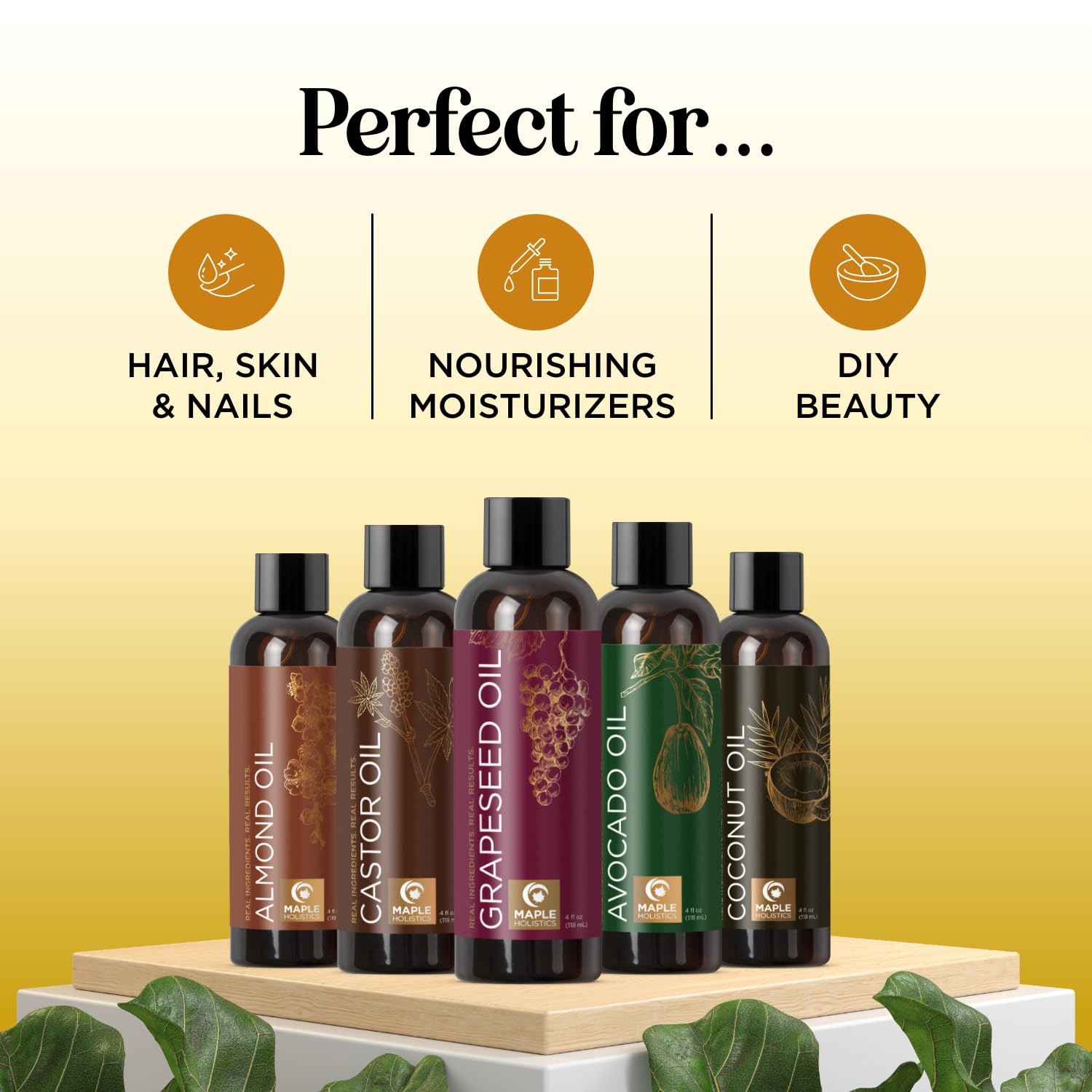 Maple Holistics Fractionated Coconut Oil bottle closeup for deep skin moisturization